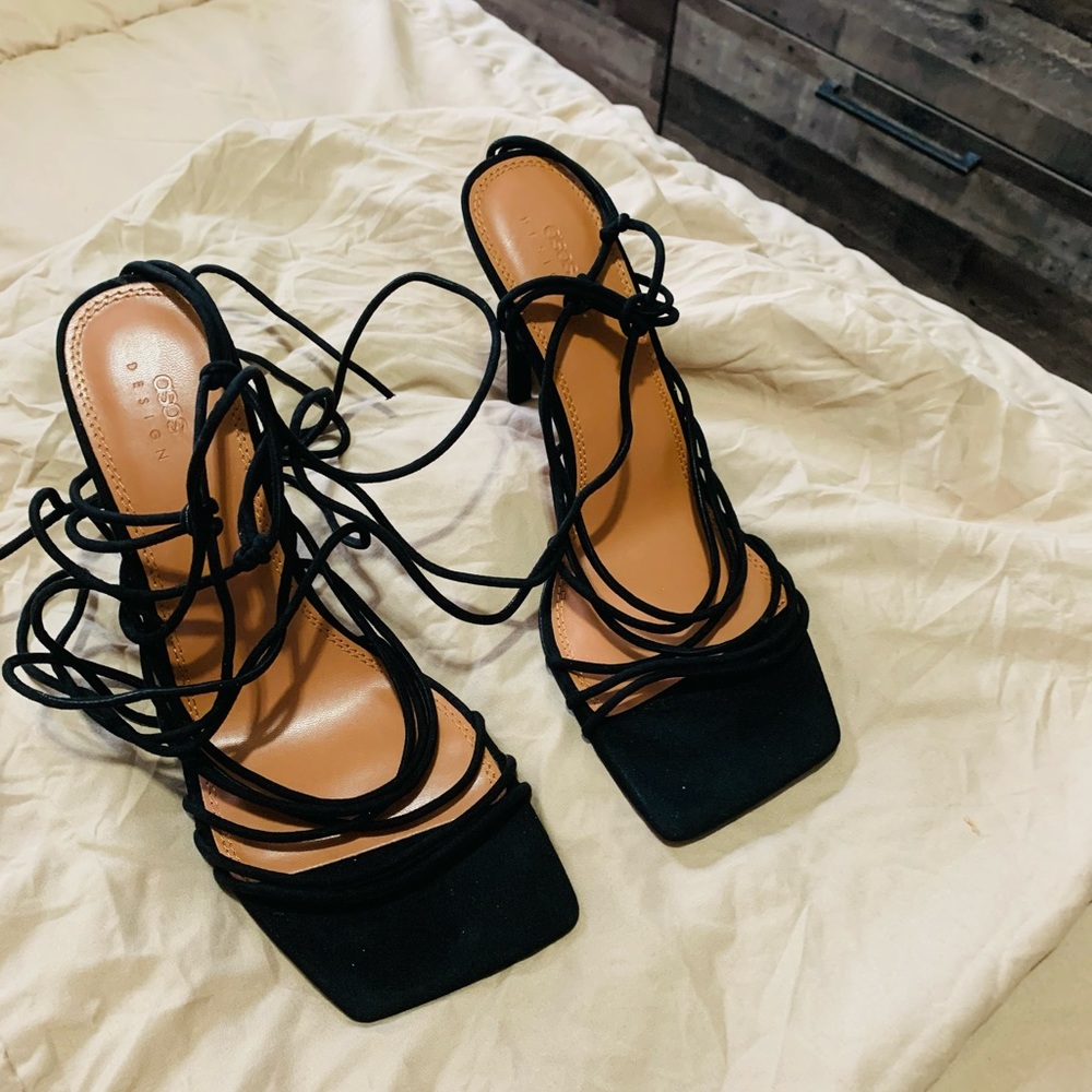 Strappy tie leg heeled sandals
